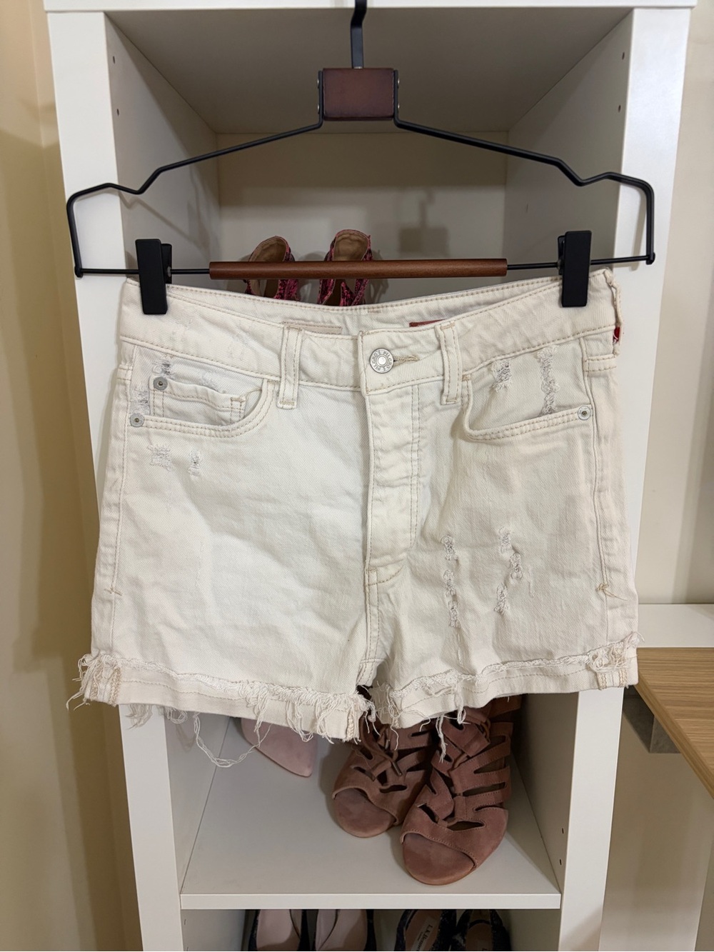 Anthropologie Cream Distressed Denim Shorts